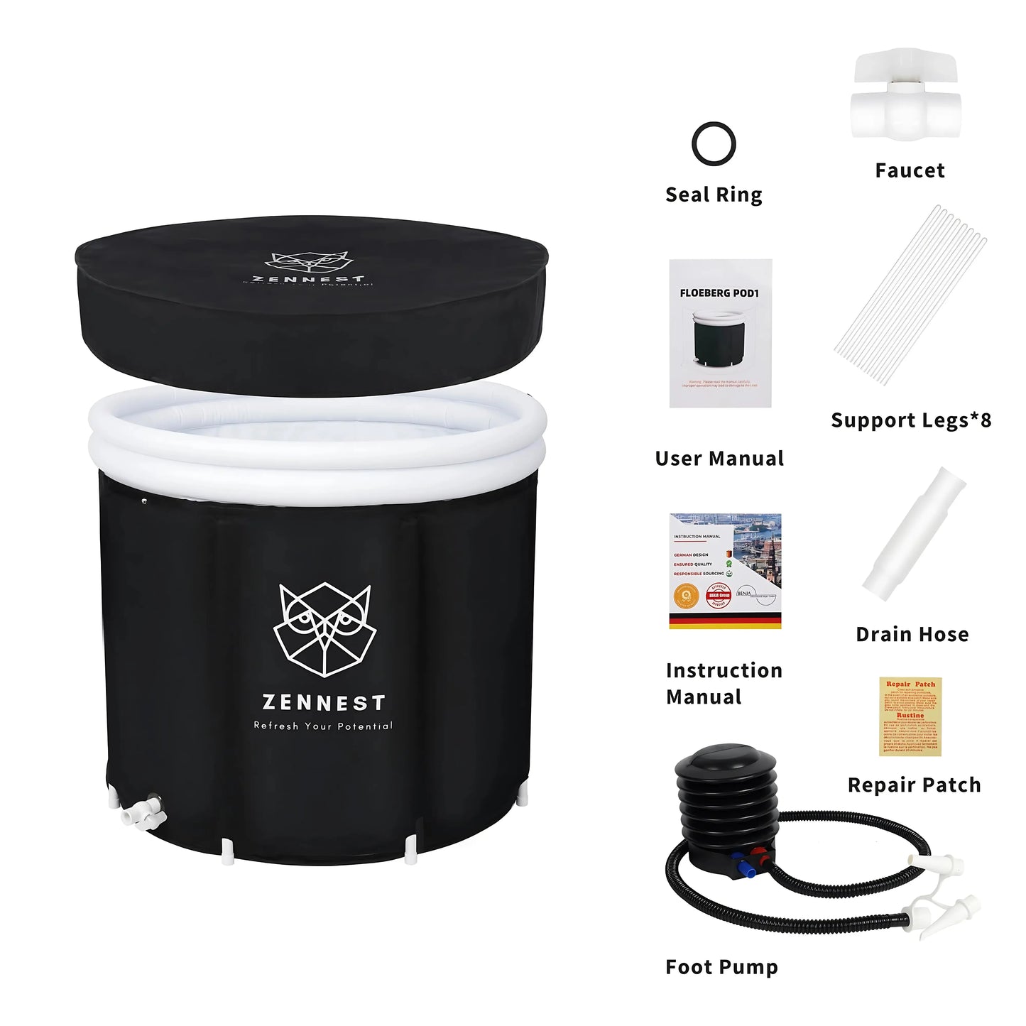 Zennest Pro Cylinder 90-Gallon Cold Plunge — Patented Air-Cavity, Removable Liner