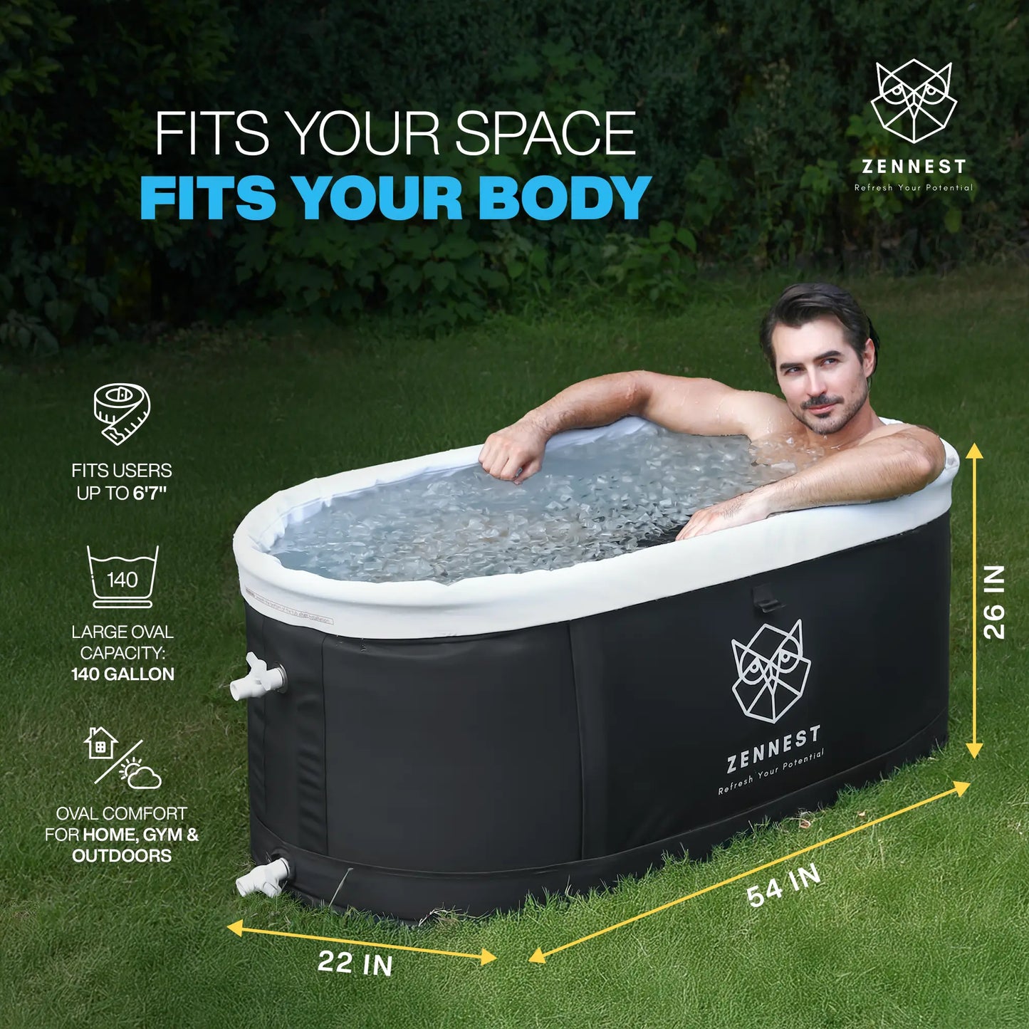 Zennest Pro Oval 140-Gallon Cold Plunge — Patented Air-Cavity, Chiller-Ready