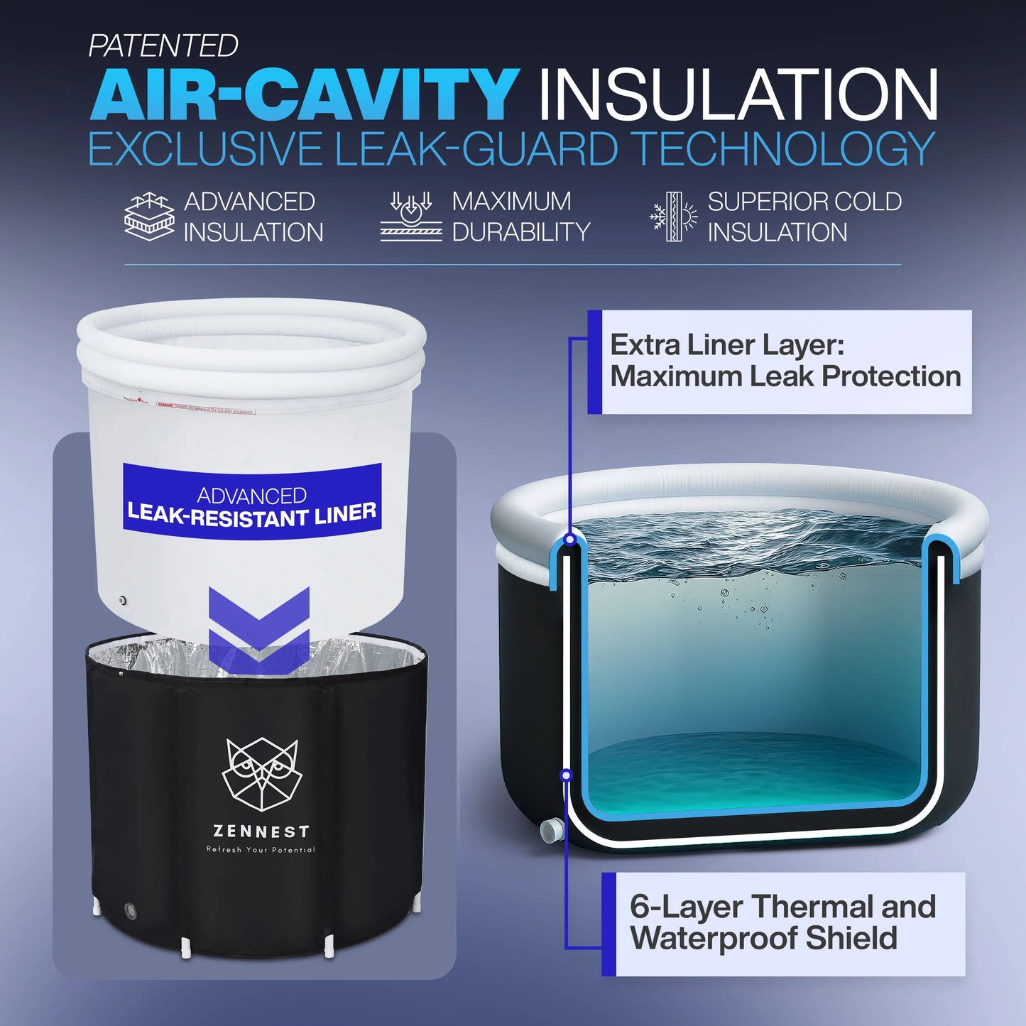 Zennest Pro Cylinder 90-Gallon Cold Plunge — Patented Air-Cavity, Removable Liner